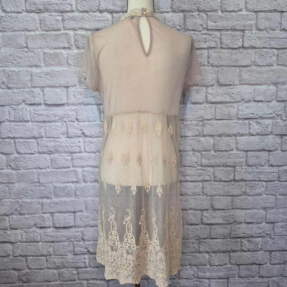Rinascimento Beige Sheer Mesh Lace Embroidered Ruffle Mock Neck Midi Dress - Picture 7 of 10